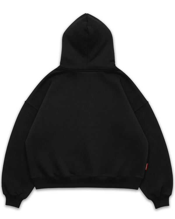 Los Surenos siyah boxy fit hoodie arka görünüm, baskısız sade tasarım, oversize kesim sweatshirt ve kapüşon detayı. #siyah