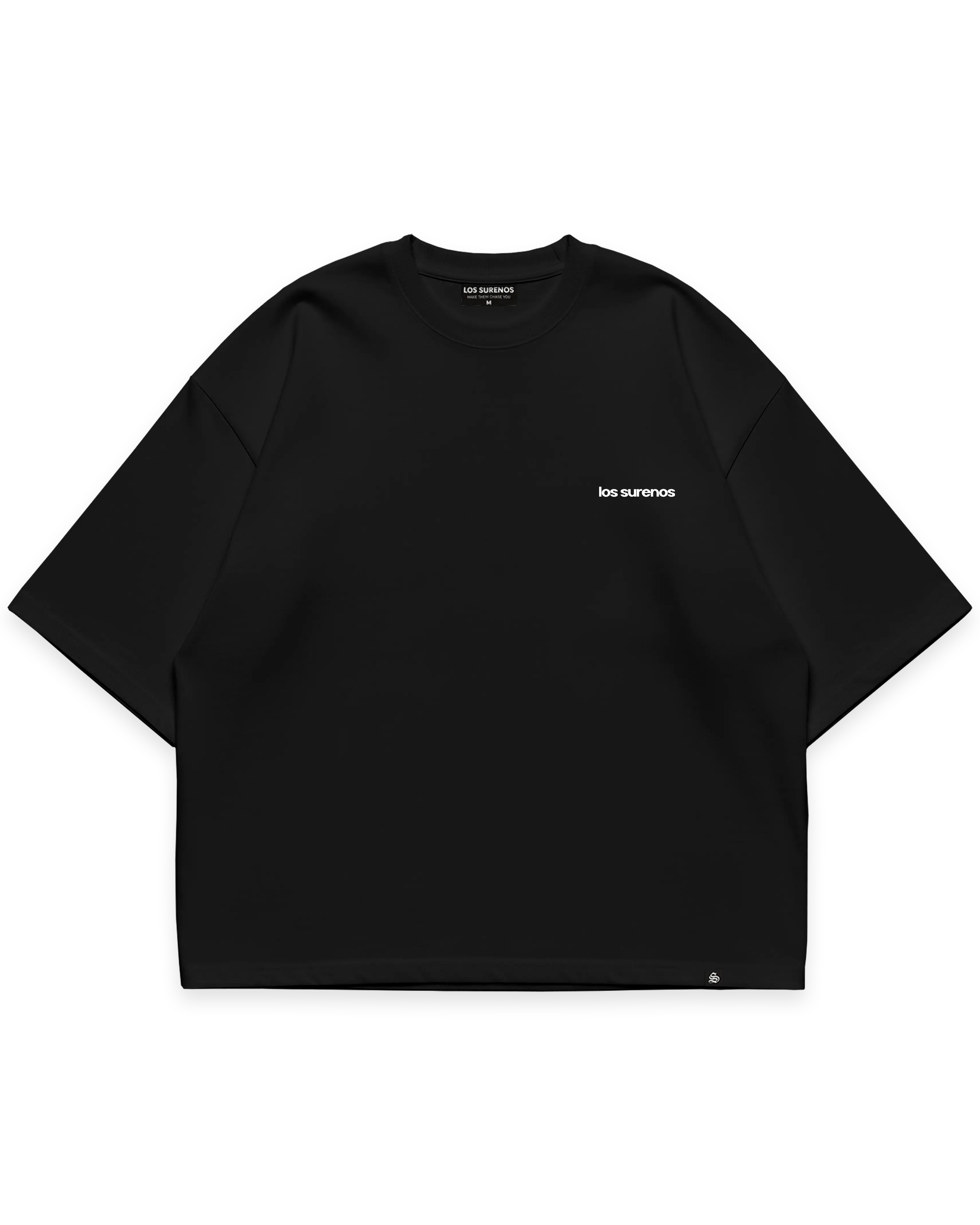 Siyah erkek oversize boxy fit tshirt, göğüs kısmında minimal Los Surenos logo baskısı #siyah