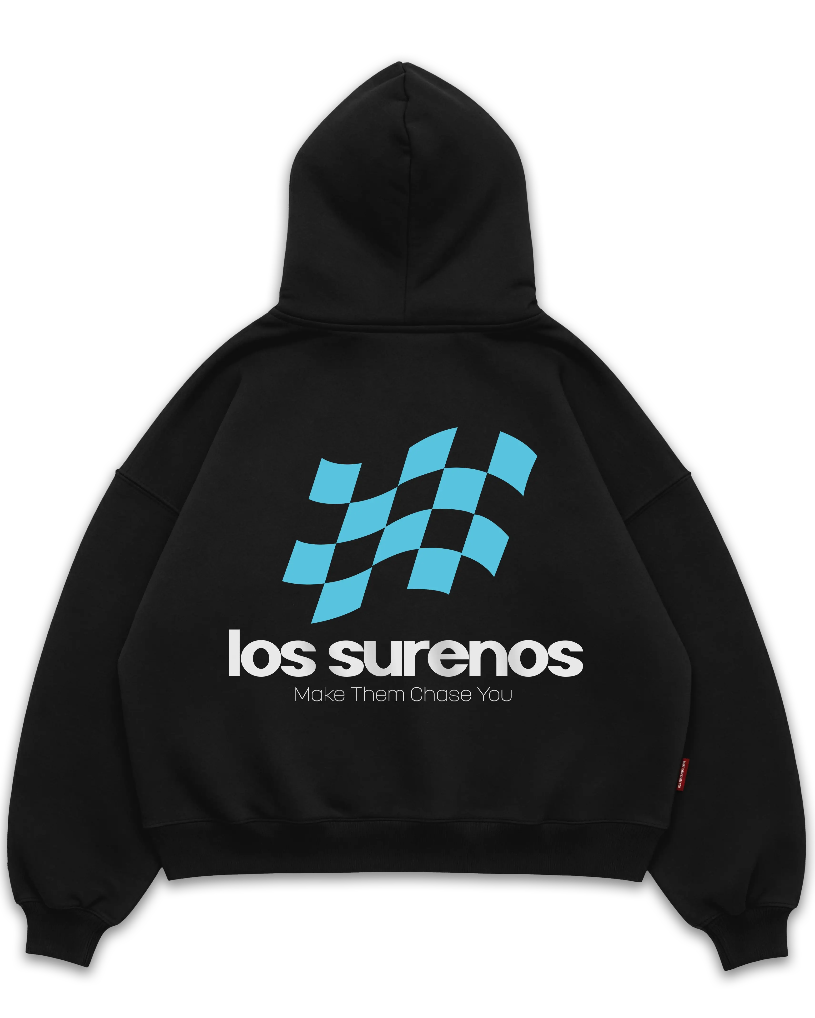 Los Surenos Chase siyah oversize hoodie, mavi damalı racing bayrak grafikli sırt baskı, Make Them Chase You sloganlı streetwear tasarım #siyah