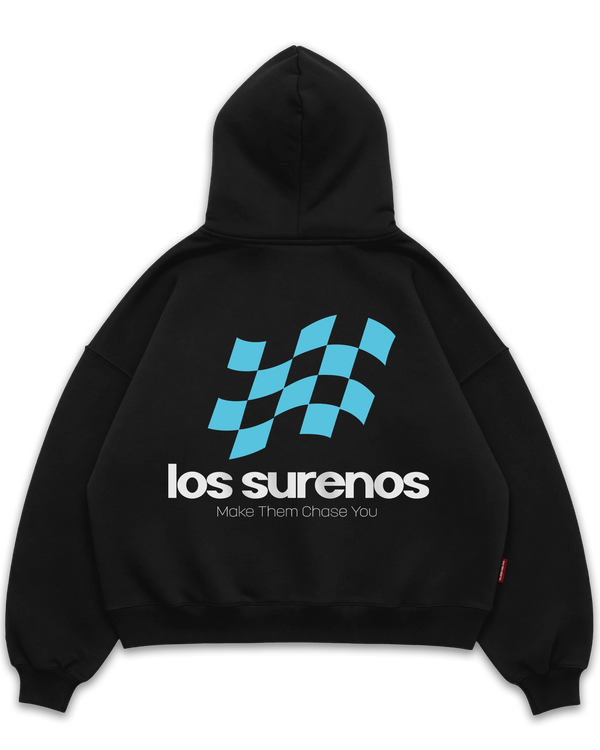 Los Surenos Chase siyah oversize hoodie, mavi damalı racing bayrak grafikli sırt baskı, Make Them Chase You sloganlı streetwear tasarım #siyah