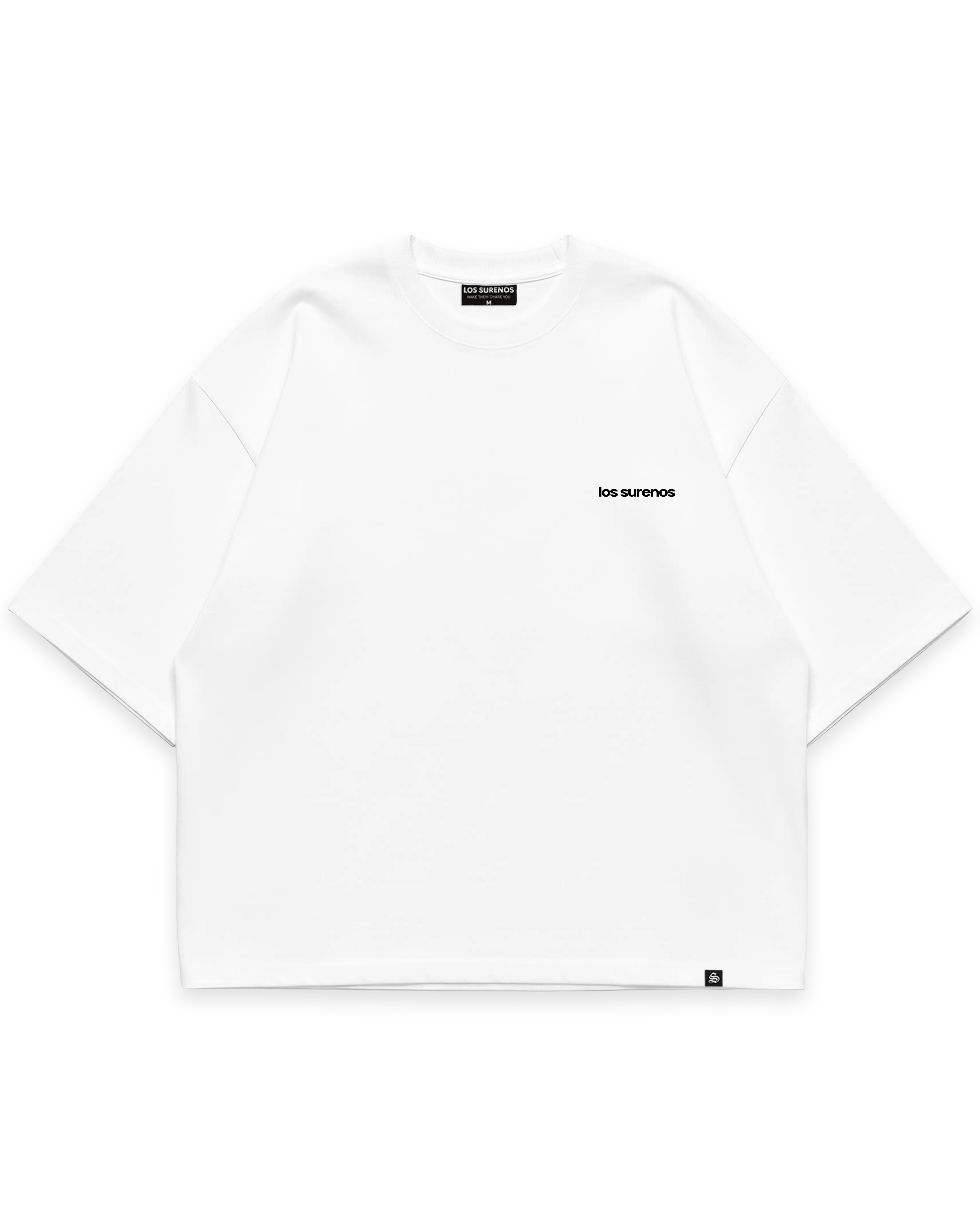 Beyaz erkek oversize boxy fit tshirt, göğüs kısmında minimal Los Surenos logo baskısı #beyaz