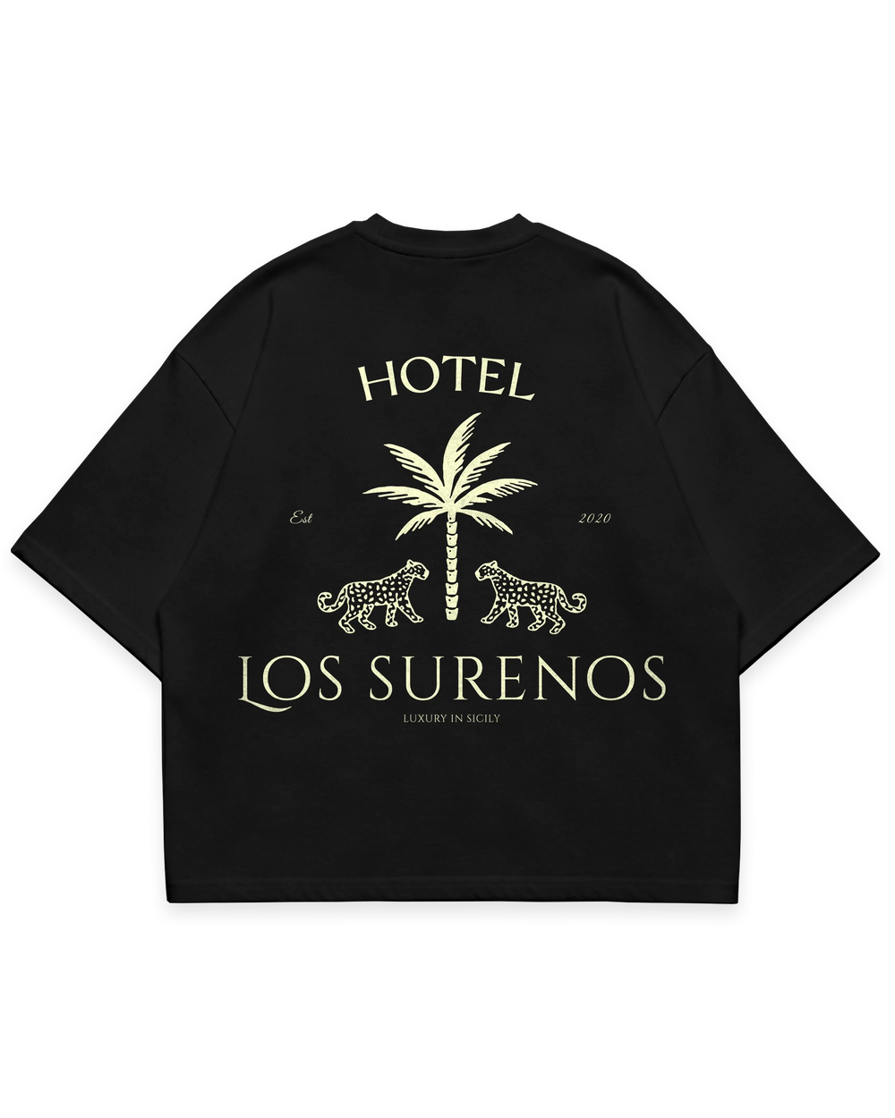 HOTEL SURENOS TEE siyah oversize boxy fit tshirt, palmiye ve leopar figürlü büyük arka baskı, premium streetwear tasarım #siyah