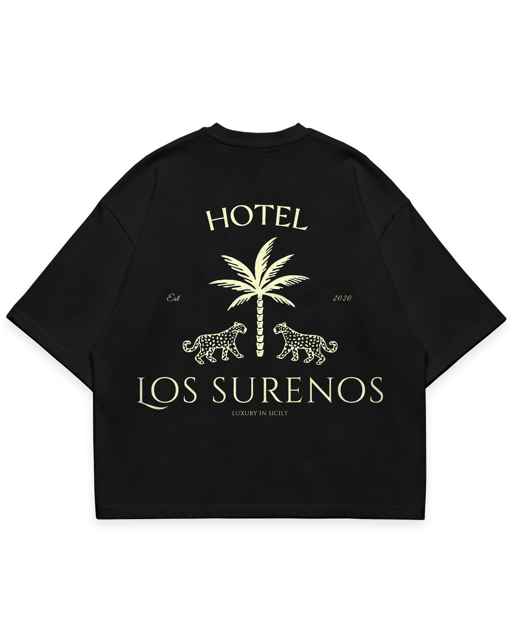 HOTEL SURENOS TEE siyah oversize boxy fit tshirt, palmiye ve leopar figürlü büyük arka baskı, premium streetwear tasarım #siyah