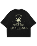 HOTEL SURENOS TEE siyah oversize boxy fit tshirt, palmiye ve leopar figürlü büyük arka baskı, premium streetwear tasarım #siyah