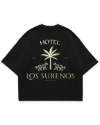 HOTEL SURENOS TEE siyah oversize boxy fit tshirt, palmiye ve leopar figürlü büyük arka baskı, premium streetwear tasarım #siyah