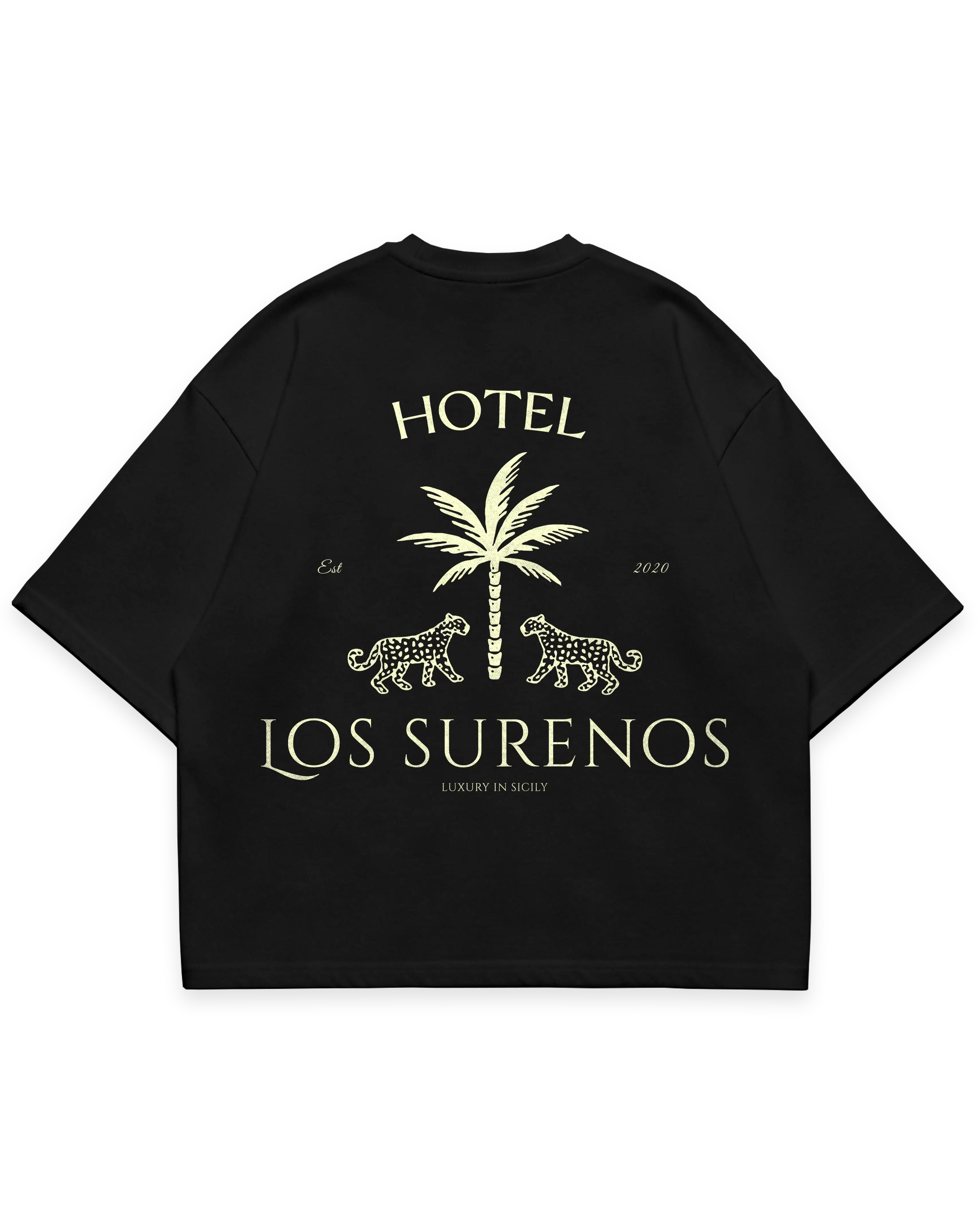HOTEL SURENOS TEE siyah oversize boxy fit tshirt, palmiye ve leopar figürlü büyük arka baskı, premium streetwear tasarım #siyah