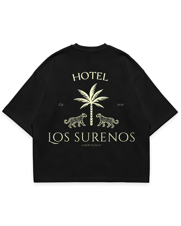 HOTEL SURENOS TEE siyah oversize boxy fit tshirt, palmiye ve leopar figürlü büyük arka baskı, premium streetwear tasarım #siyah