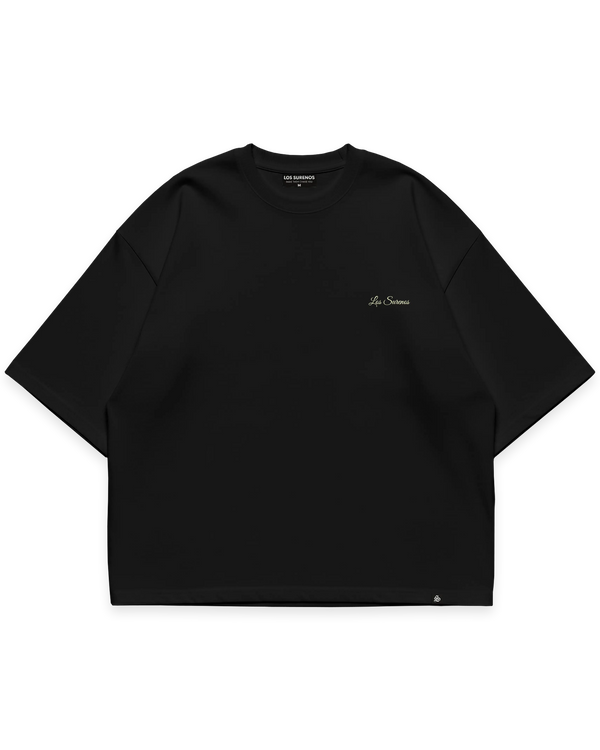 Siyah oversize tshirt, göğüste minimal açık sarı Los Surenos logo baskılı streetwear tasarım #siyah