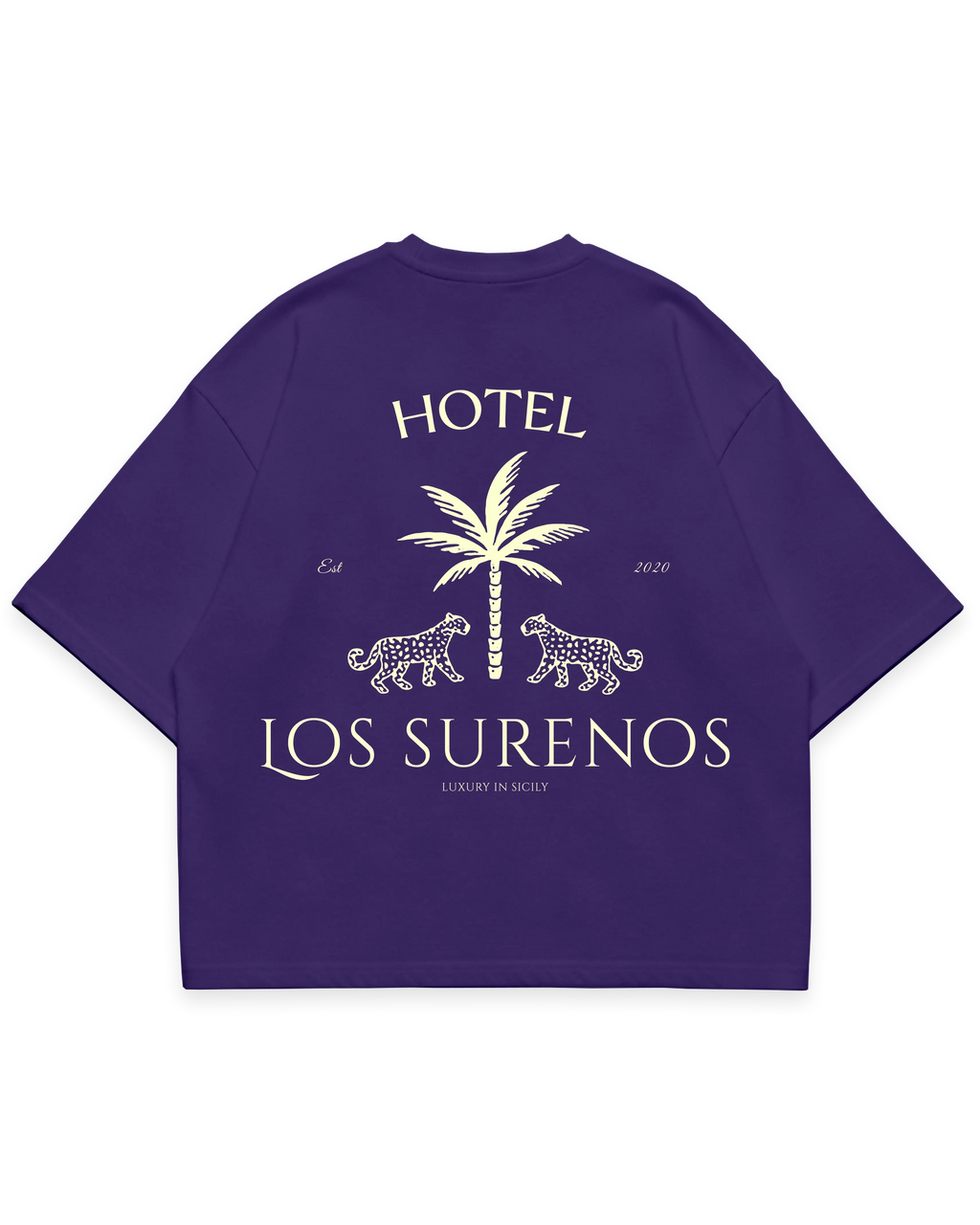 HOTEL SURENOS TEE mor oversize tshirt, palmiye ve leopar figürlü büyük arka baskı, luxury streetwear tasarım #violet