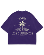 HOTEL SURENOS TEE mor oversize tshirt, palmiye ve leopar figürlü büyük arka baskı, luxury streetwear tasarım #violet