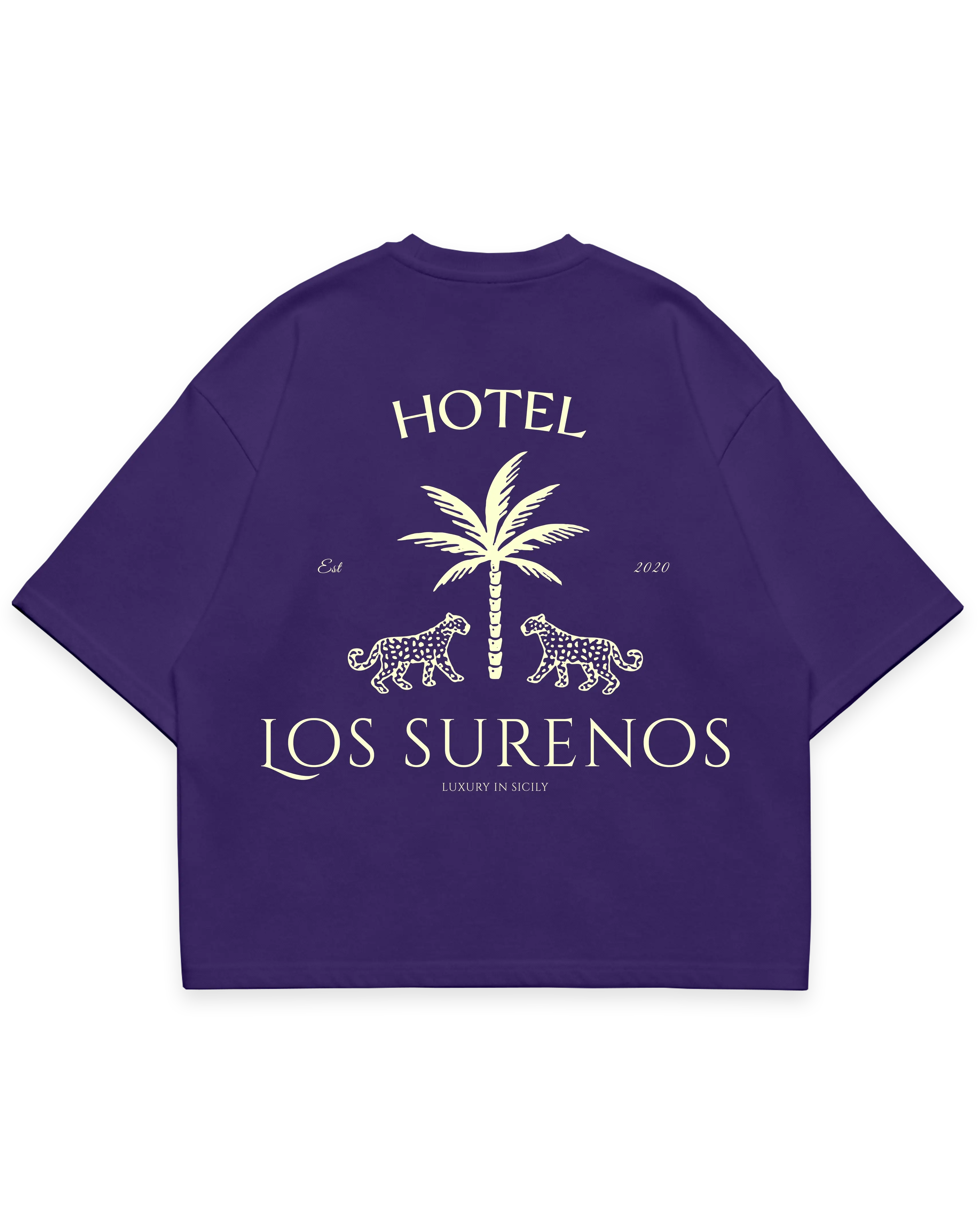 HOTEL SURENOS TEE mor oversize tshirt, palmiye ve leopar figürlü büyük arka baskı, luxury streetwear tasarım #violet