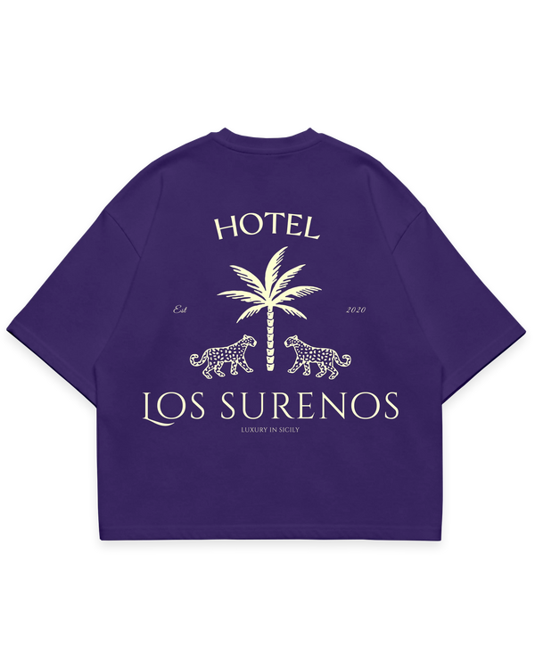 HOTEL SURENOS TEE mor oversize tshirt, palmiye ve leopar figürlü büyük arka baskı, luxury streetwear tasarım #violet
