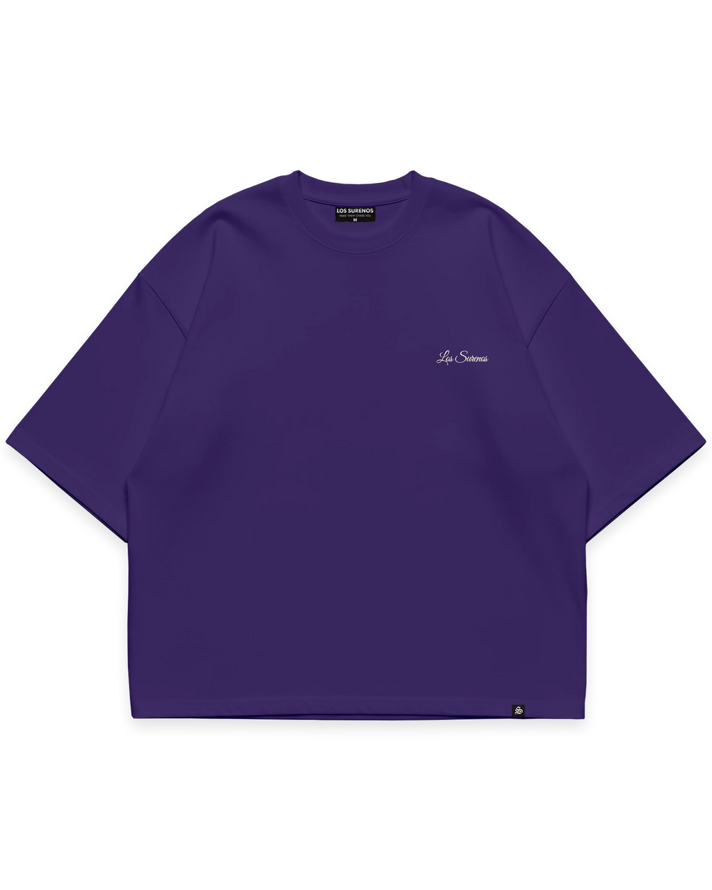 Mor erkek oversize boxy fit tshirt, göğüste minimal açık sarı Los Surenos logo baskılı streetwear tasarım #violet