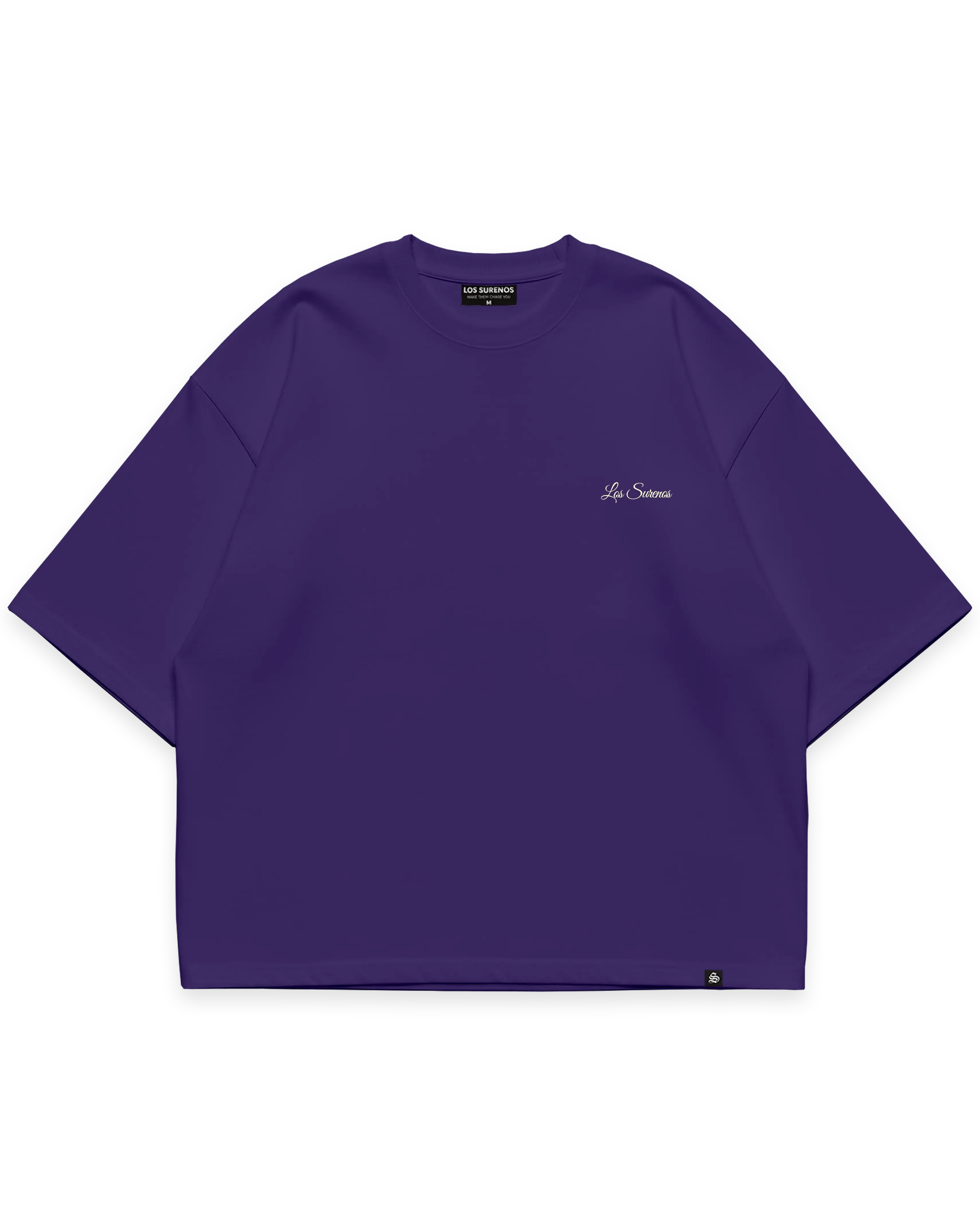 Mor erkek oversize boxy fit tshirt, göğüste minimal açık sarı Los Surenos logo baskılı streetwear tasarım #violet