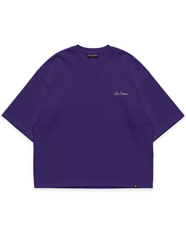 Mor erkek oversize boxy fit tshirt, göğüste minimal açık sarı Los Surenos logo baskılı streetwear tasarım #violet