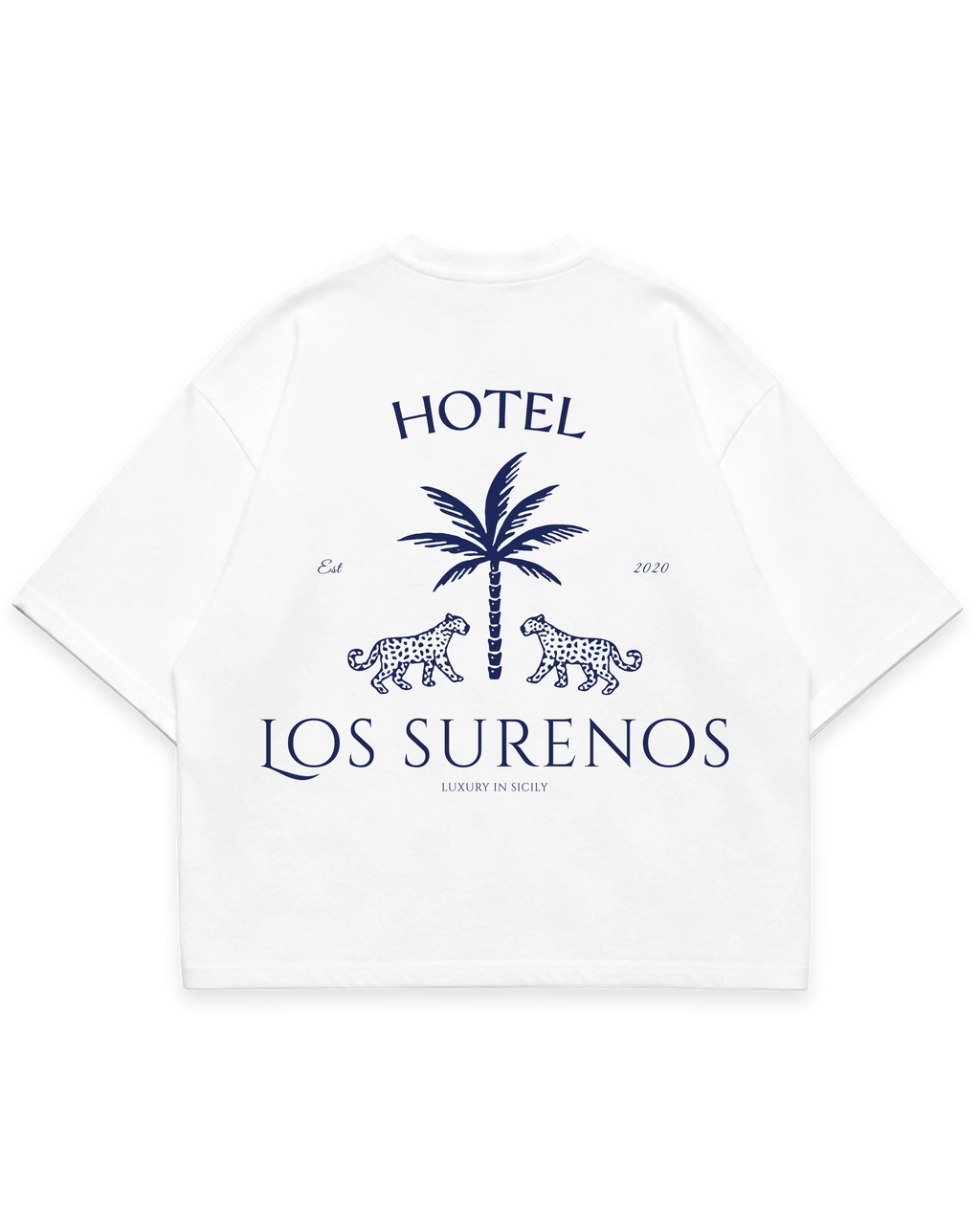 HOTEL SURENOS TEE beyaz oversize boxy fit tshirt, palmiye ve leopar figürlü büyük arka baskı, lüks streetwear tasarım #beyaz
