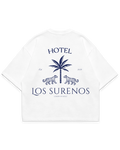 HOTEL SURENOS TEE beyaz oversize boxy fit tshirt, palmiye ve leopar figürlü büyük arka baskı, lüks streetwear tasarım #beyaz