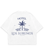 HOTEL SURENOS TEE beyaz oversize boxy fit tshirt, palmiye ve leopar figürlü büyük arka baskı, lüks streetwear tasarım #beyaz