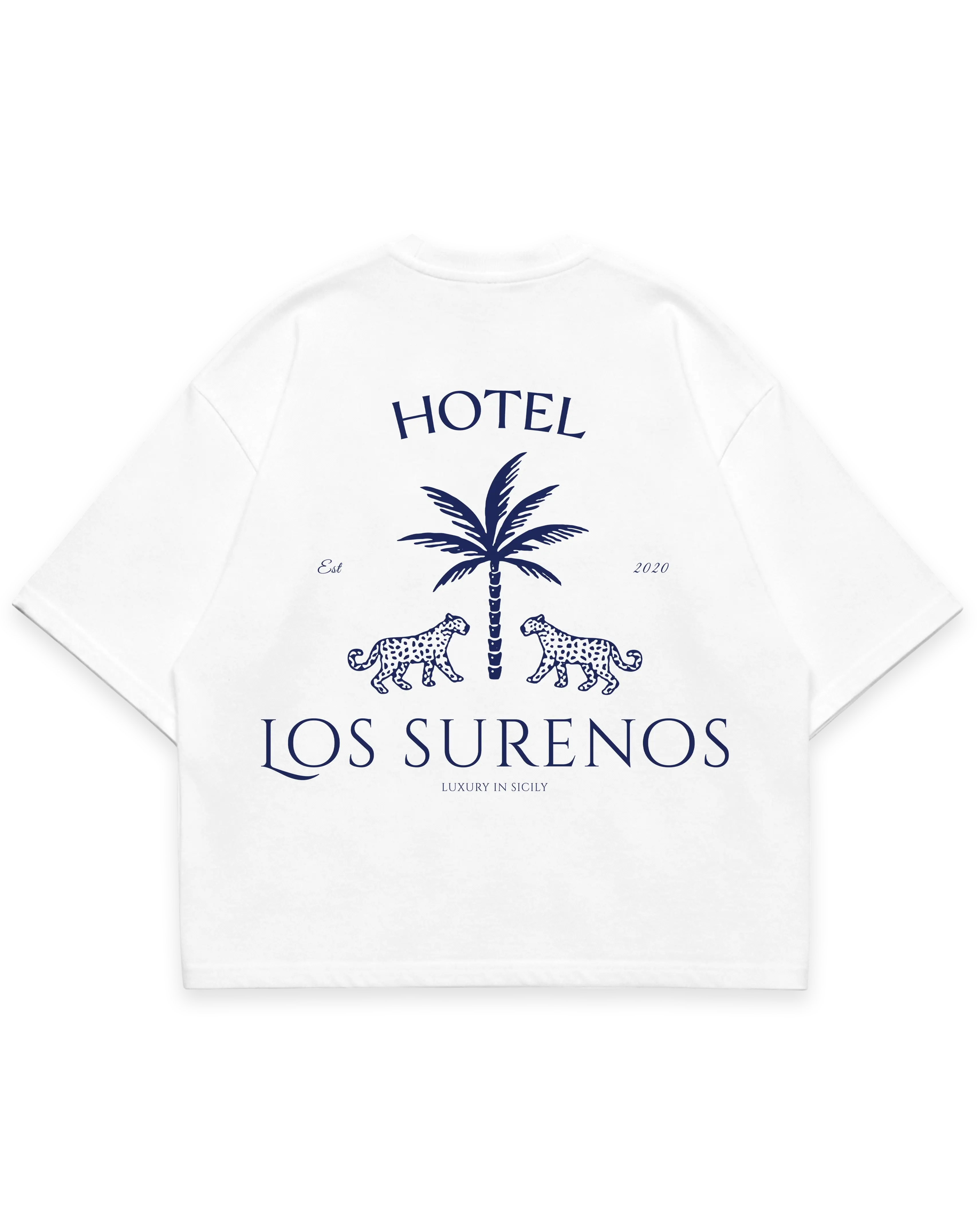 HOTEL SURENOS TEE beyaz oversize boxy fit tshirt, palmiye ve leopar figürlü büyük arka baskı, lüks streetwear tasarım #beyaz