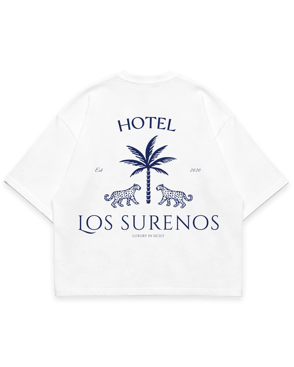HOTEL SURENOS TEE beyaz oversize boxy fit tshirt, palmiye ve leopar figürlü büyük arka baskı, lüks streetwear tasarım #beyaz