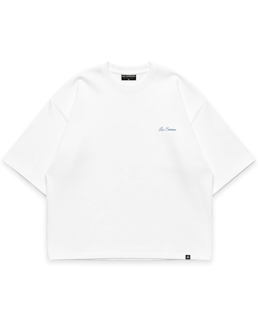 Beyaz oversize tshirt, göğüste minimal mavi Los Surenos logo baskılı streetwear tasarım #beyaz