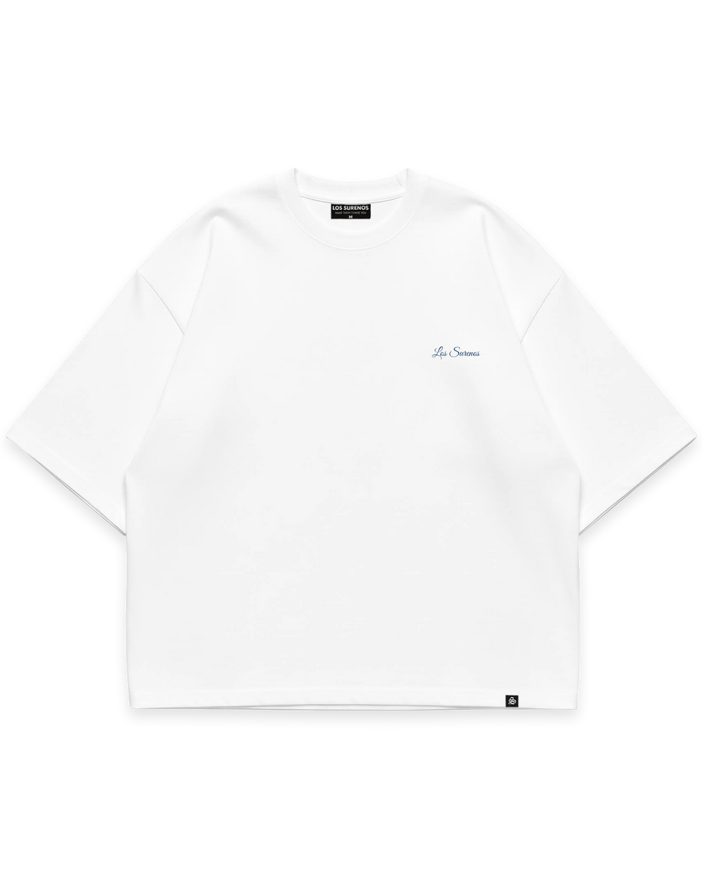 Beyaz oversize tshirt, göğüste minimal mavi Los Surenos logo baskılı streetwear tasarım #beyaz