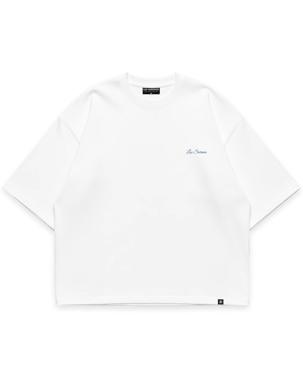 Beyaz oversize tshirt, göğüste minimal mavi Los Surenos logo baskılı streetwear tasarım #beyaz