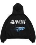 Los Surenos In Glock We Trust siyah oversize boxy fit hoodie arka görünüm, sırt baskılı oversize kapüşonlu sweatshirt, x-ray iskelet el ve silah grafik tasarım #siyah