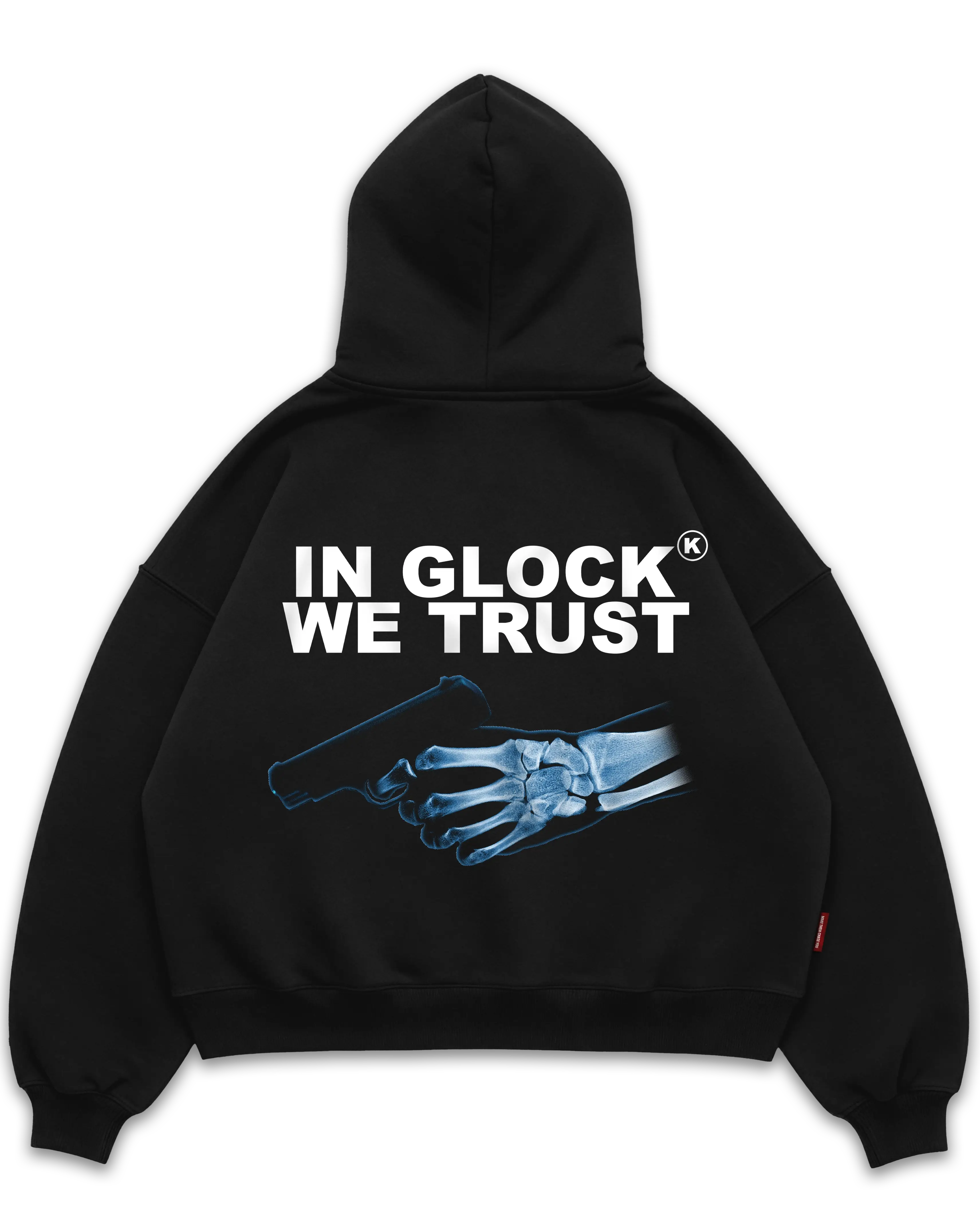 Los Surenos In Glock We Trust siyah oversize boxy fit hoodie arka görünüm, sırt baskılı oversize kapüşonlu sweatshirt, x-ray iskelet el ve silah grafik tasarım #siyah