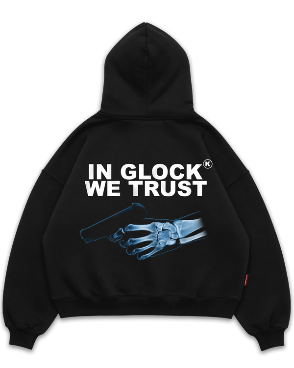 Los Surenos In Glock We Trust siyah oversize boxy fit hoodie arka görünüm, sırt baskılı oversize kapüşonlu sweatshirt, x-ray iskelet el ve silah grafik tasarım #siyah