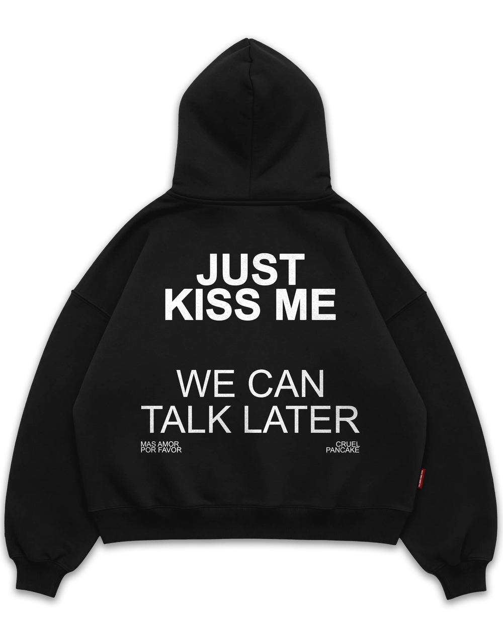 Los Surenos Just Kiss Me siyah hoodie arka görünüm, büyük tipografi baskılı oversize boxy fit kapüşonlu sweatshirt, streetwear slogan tasarımı #siyah