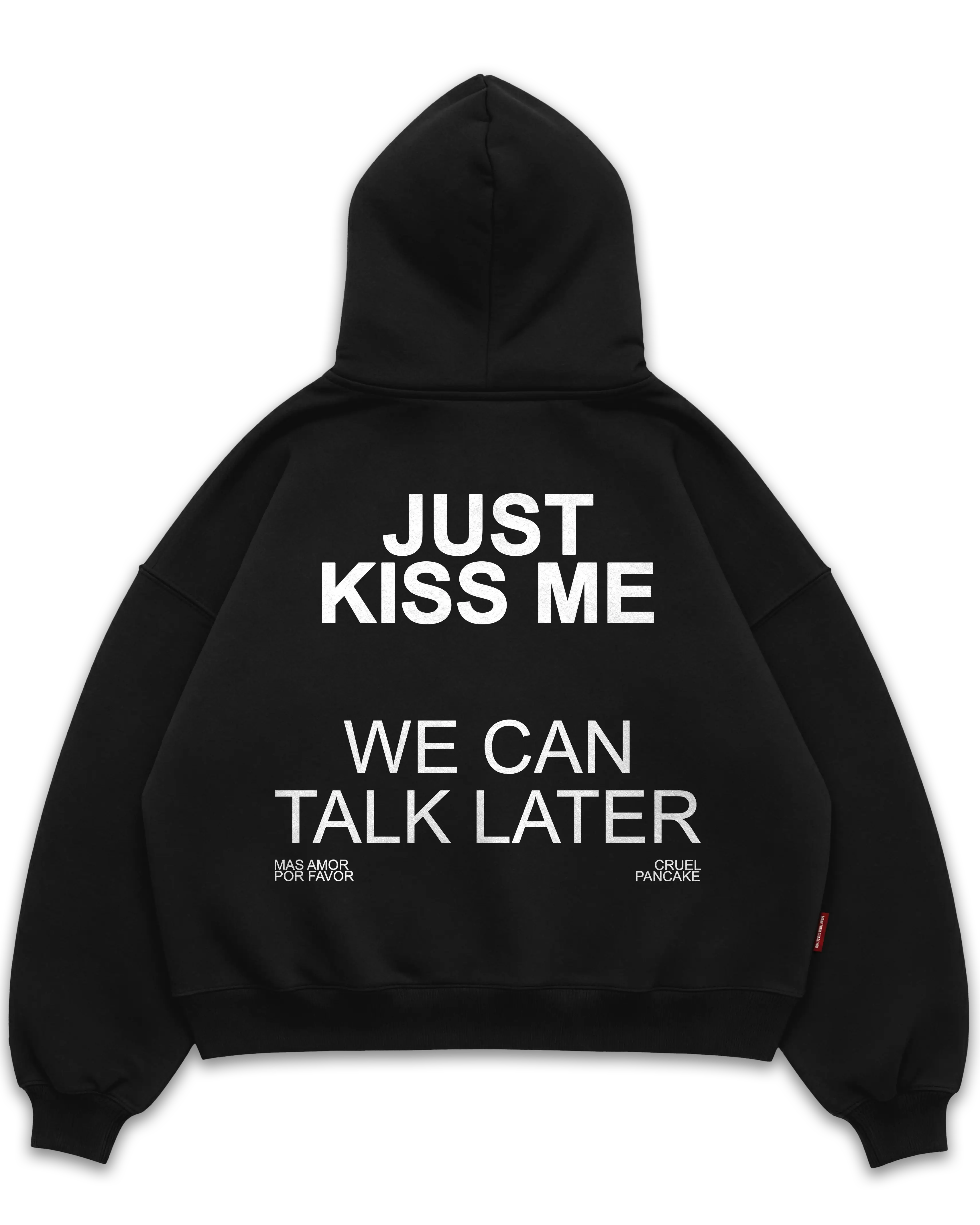Los Surenos Just Kiss Me siyah hoodie arka görünüm, büyük tipografi baskılı oversize boxy fit kapüşonlu sweatshirt, streetwear slogan tasarımı #siyah