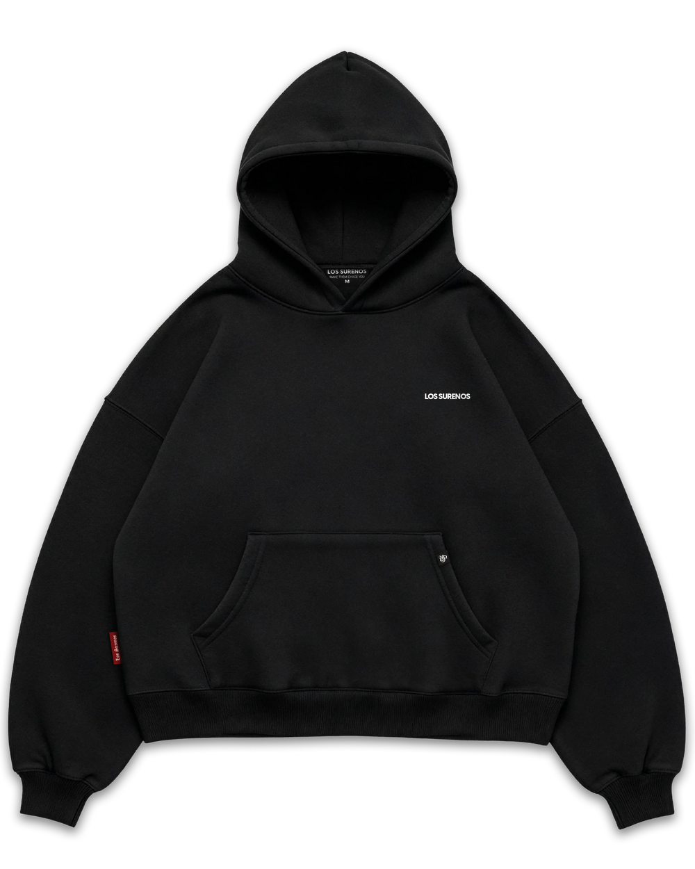 Los Surenos siyah hoodie ön görünüm, minimal göğüs logo detaylı oversize kapüşonlu sweatshirt, premium streetwear tasarım #siyah