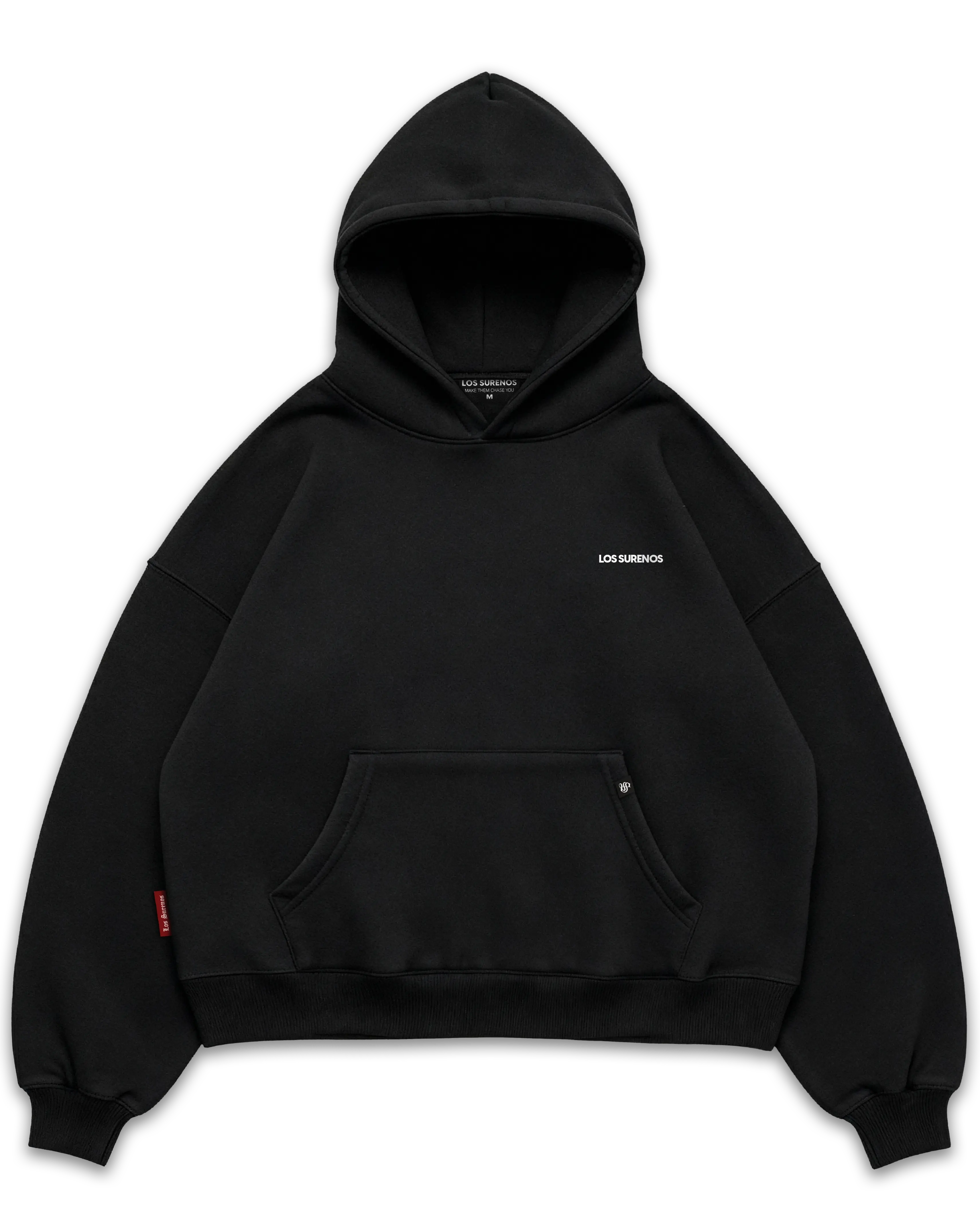 Los Surenos siyah hoodie ön görünüm, minimal göğüs logo detaylı oversize kapüşonlu sweatshirt, premium streetwear tasarım #siyah