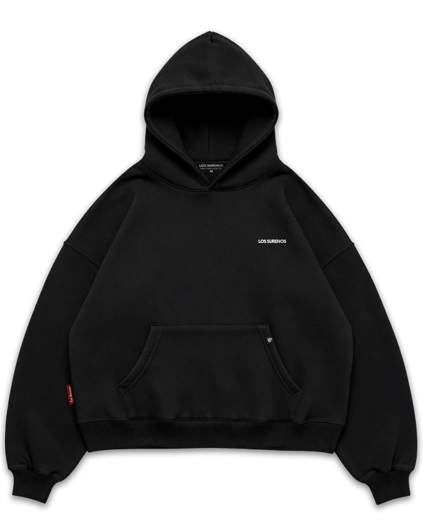 Los Surenos siyah hoodie ön görünüm, minimal göğüs logo detaylı oversize kapüşonlu sweatshirt, premium streetwear tasarım #siyah