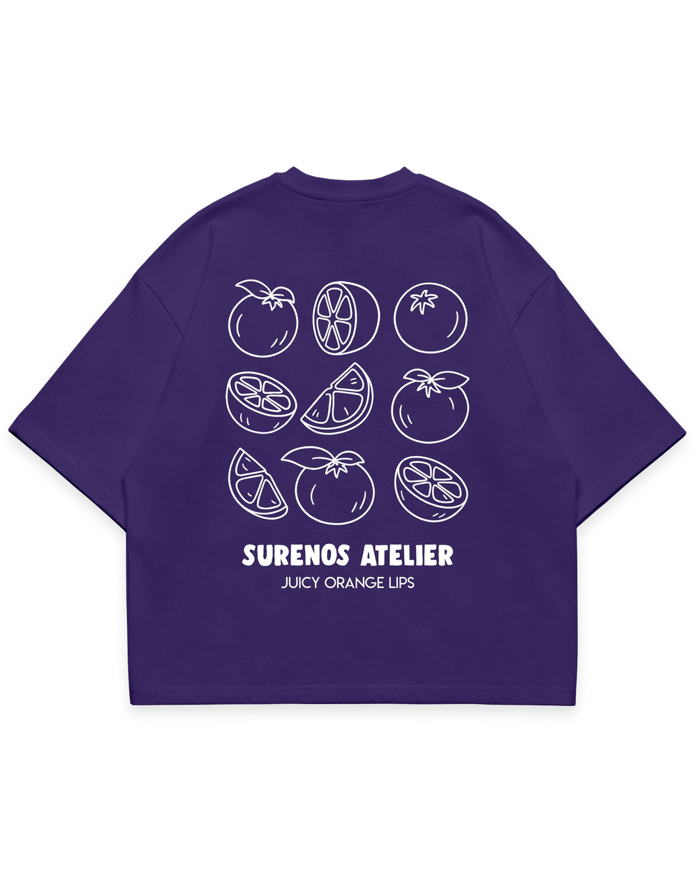 JUICY ORANGES TEE mor oversize tshirt, portakal dilimi ve bütün portakal illüstrasyonlu grafik baskı, Surenos Atelier “Juicy Orange Lips” yazılı streetwear tasarım #violet