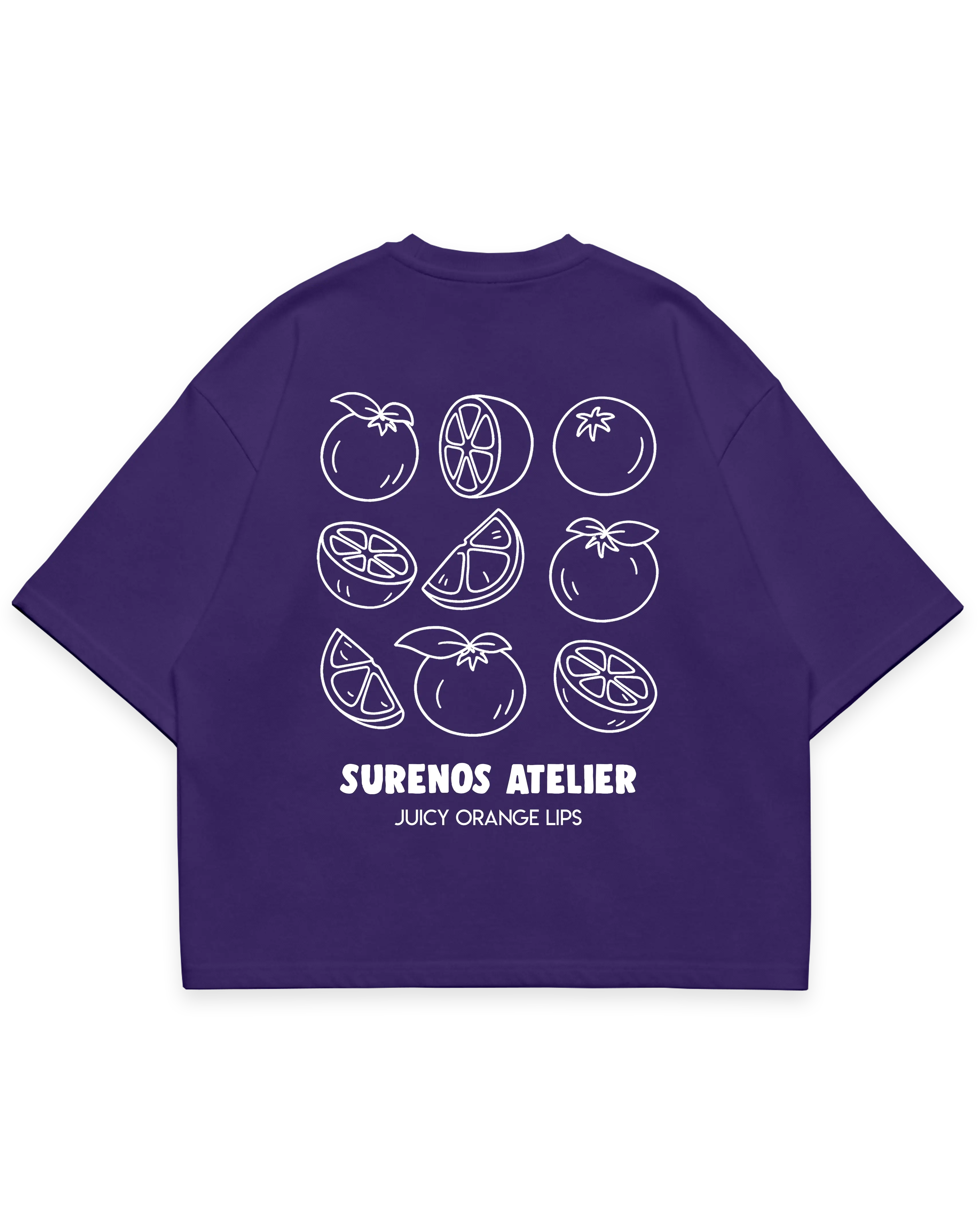 JUICY ORANGES TEE mor oversize tshirt, portakal dilimi ve bütün portakal illüstrasyonlu grafik baskı, Surenos Atelier “Juicy Orange Lips” yazılı streetwear tasarım #violet
