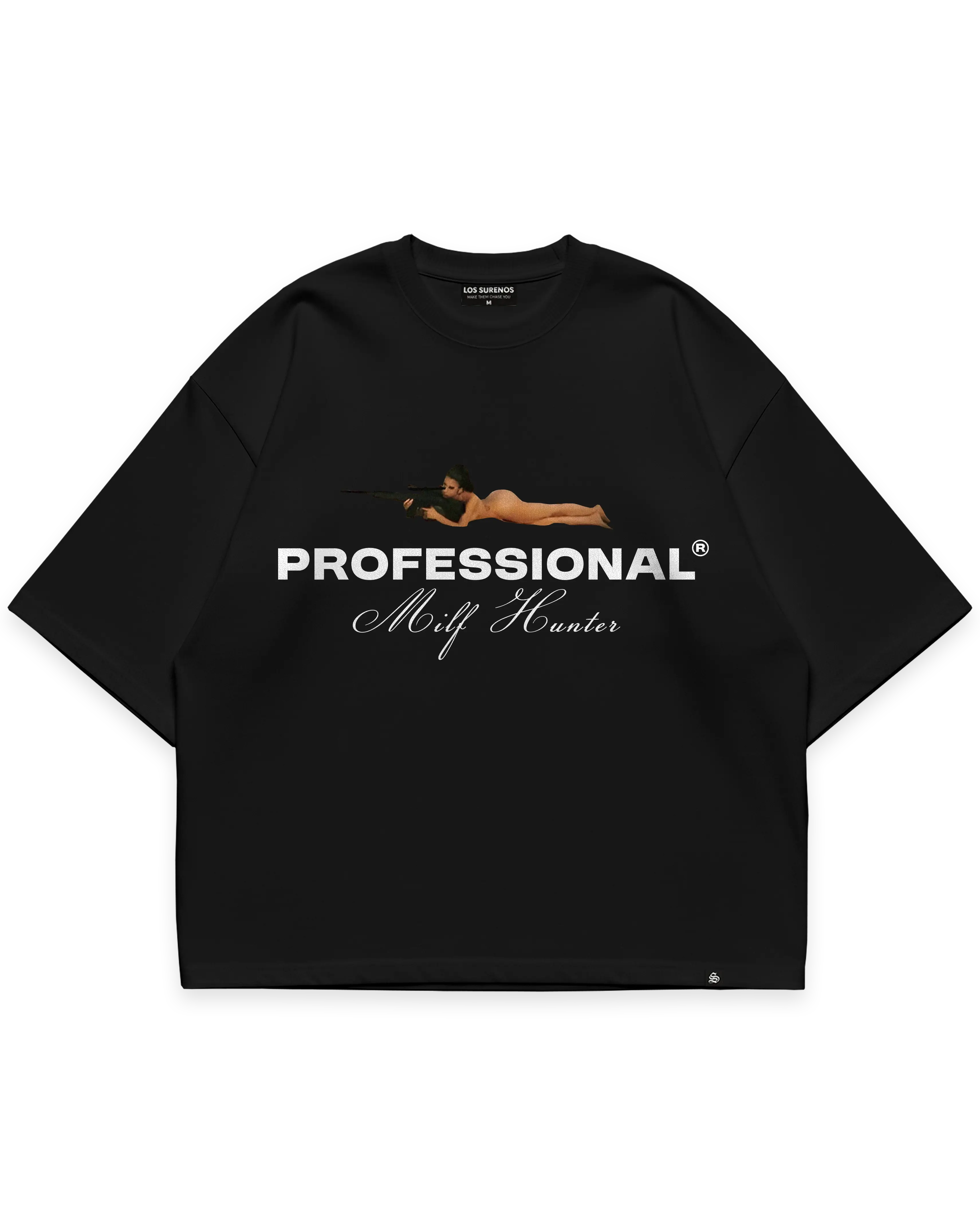 Milf hunter siyah oversize boxy fit tshirt, keskin nişancı figürlü grafik ve beyaz yazı baskılı, streetwear tasarım #siyah