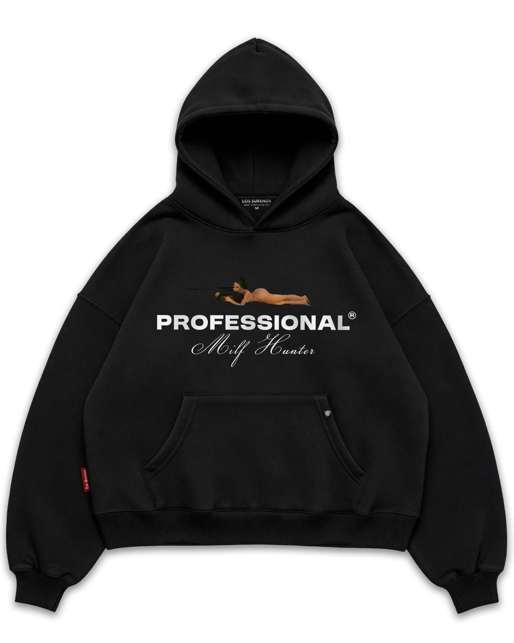 Los Surenos Professional Milf Hunter siyah hoodie ön görünüm, oversize boxy fit kapüşonlu sweatshirt, tipografi ve illüstrasyon baskılı premium streetwear tasarım #siyah