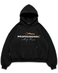 Los Surenos Professional Milf Hunter siyah hoodie ön görünüm, oversize boxy fit kapüşonlu sweatshirt, tipografi ve illüstrasyon baskılı premium streetwear tasarım #siyah