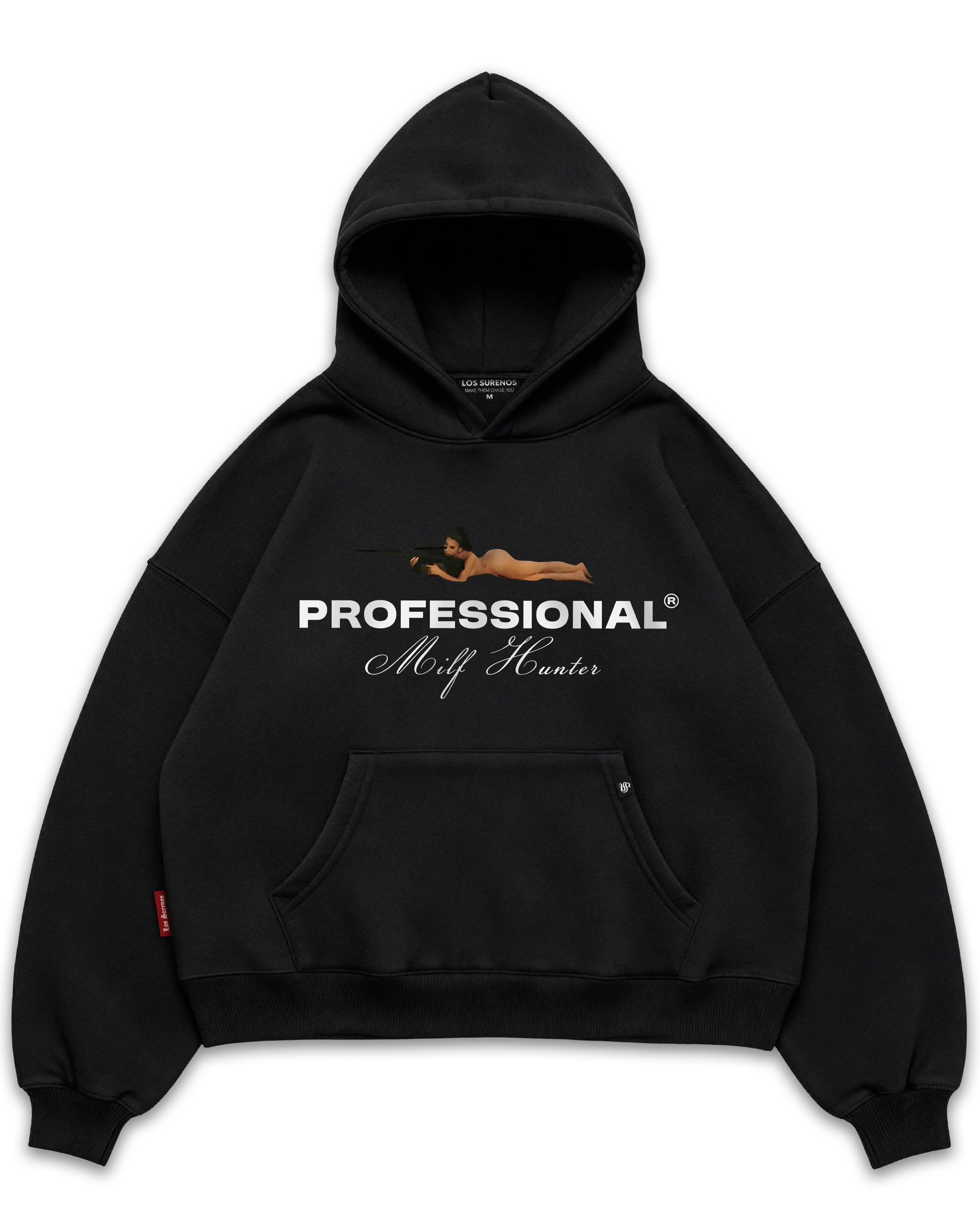 Los Surenos Professional Milf Hunter siyah hoodie ön görünüm, oversize boxy fit kapüşonlu sweatshirt, tipografi ve illüstrasyon baskılı premium streetwear tasarım #siyah