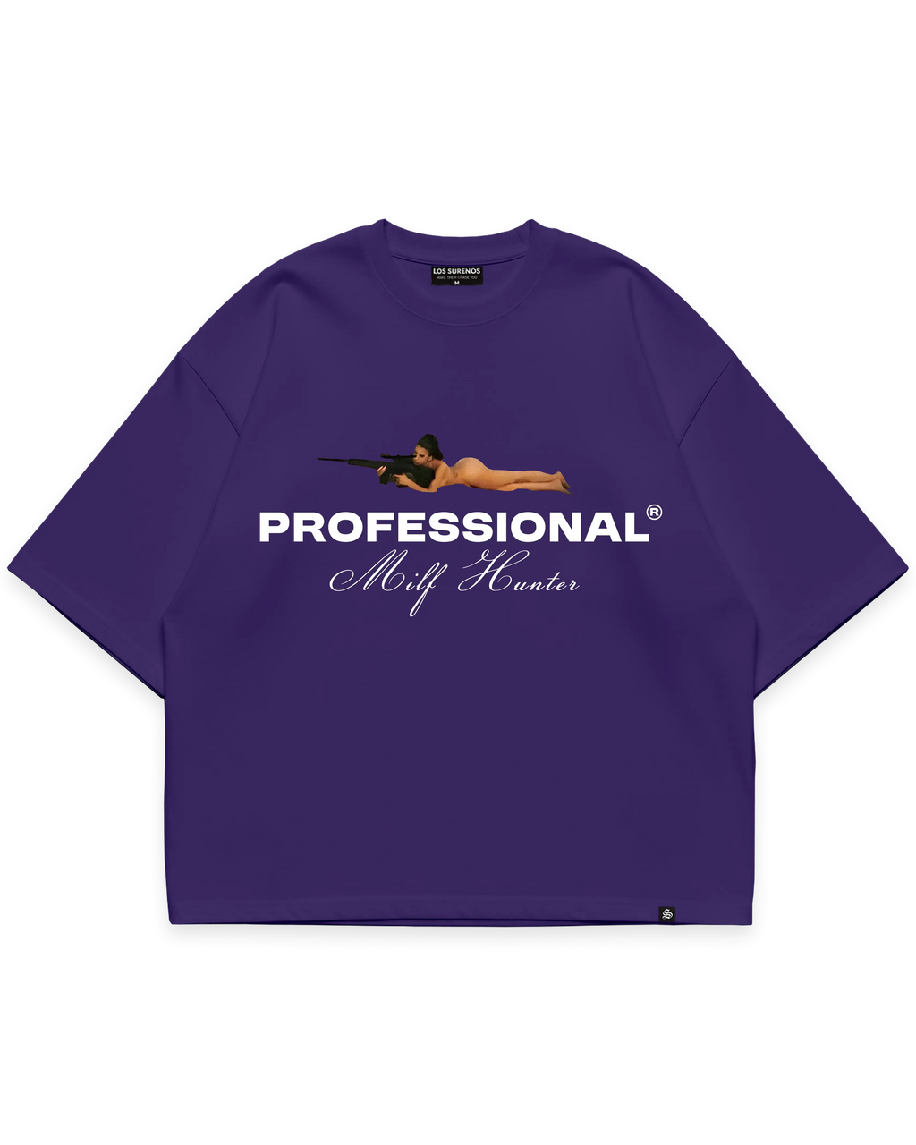 Milf hunter mor oversize boxy fit tshirt, keskin nişancı figürlü grafik ve beyaz yazı baskılı, streetwear tasarım #violet
