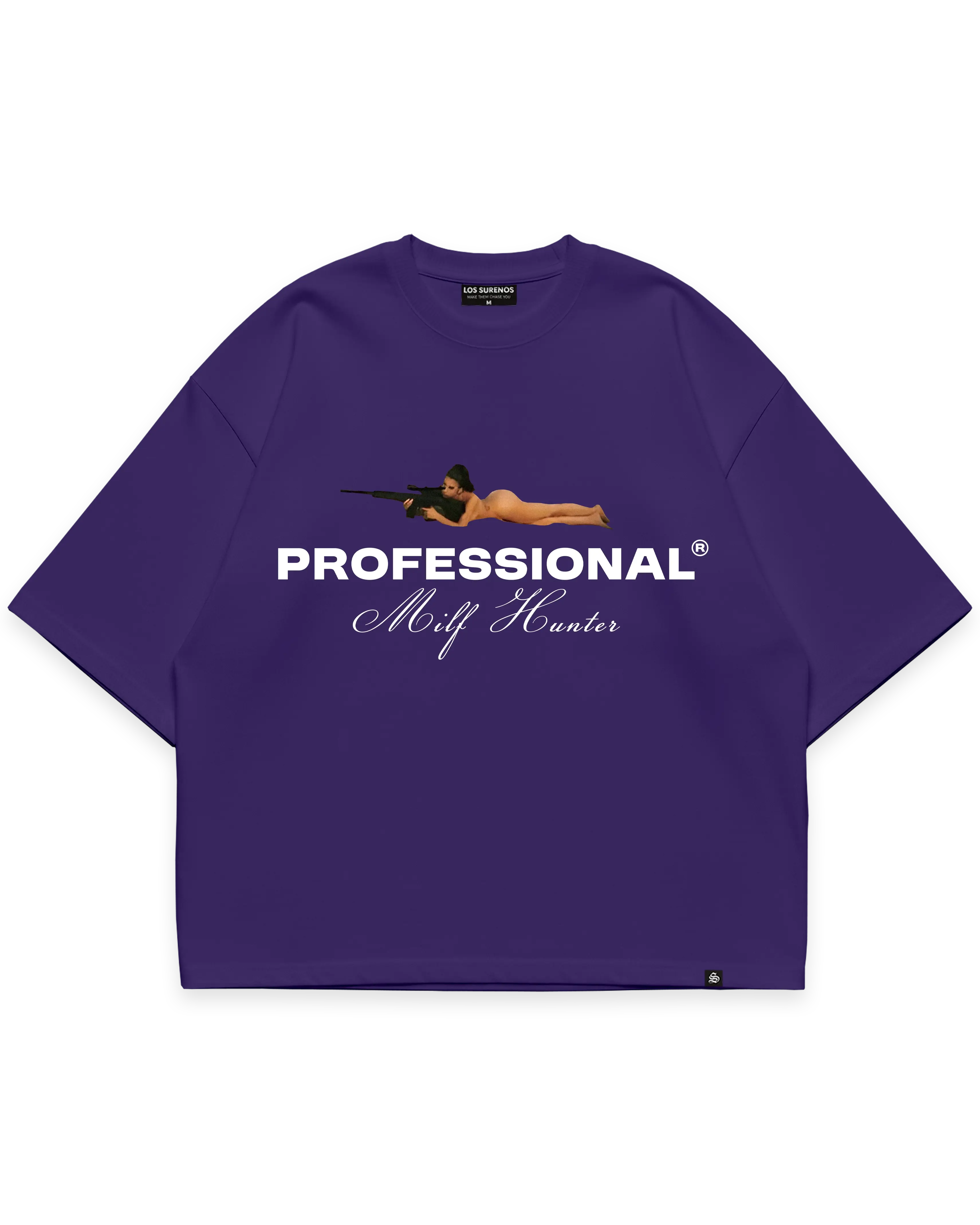Milf hunter mor oversize boxy fit tshirt, keskin nişancı figürlü grafik ve beyaz yazı baskılı, streetwear tasarım #violet