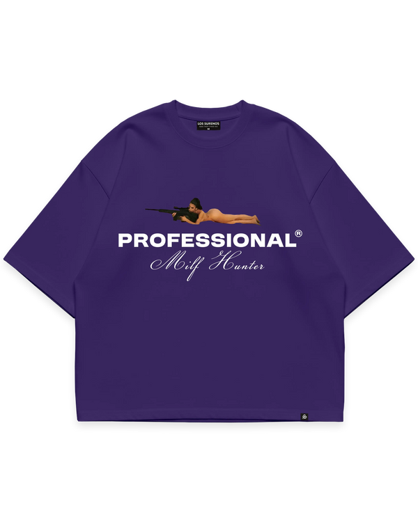 Milf hunter mor oversize boxy fit tshirt, keskin nişancı figürlü grafik ve beyaz yazı baskılı, streetwear tasarım #violet