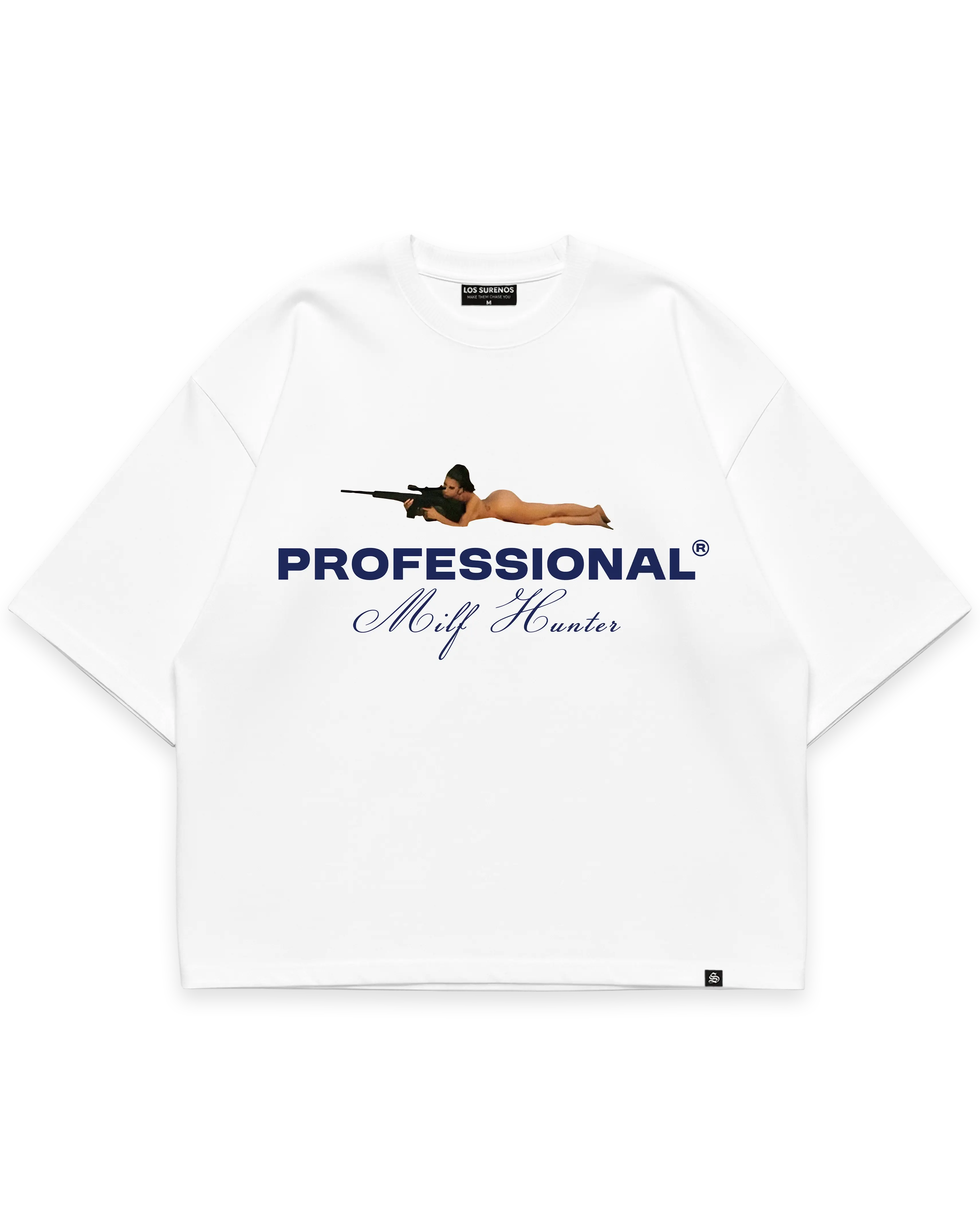 Milf hunter beyaz oversize boxy fit tshirt, keskin nişancı figürlü grafik ve mavi yazı baskılı, streetwear tasarım #beyaz