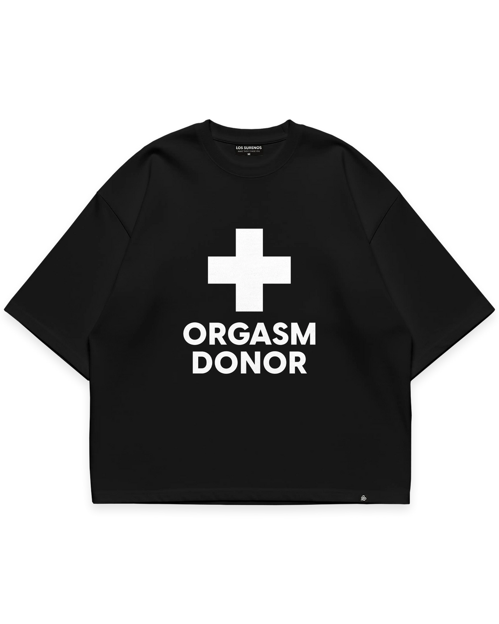 ORGASM DONOR TEE siyah oversize tshirt, beyaz artı sembolü ve yazı grafik baskılı streetwear tasarım #siyah