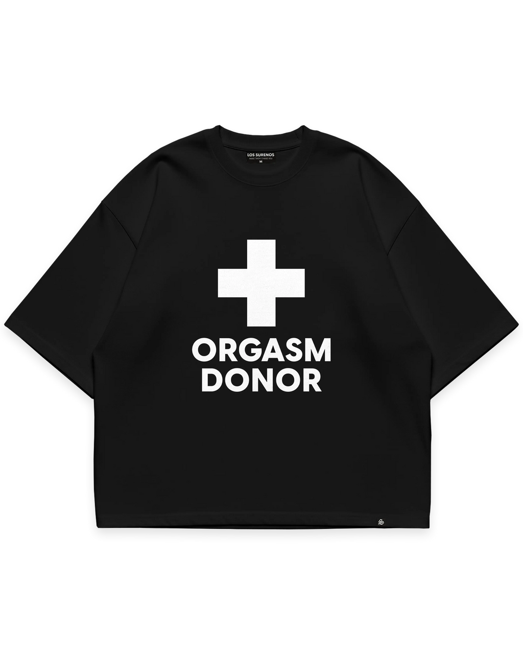 ORGASM DONOR TEE siyah oversize tshirt, beyaz artı sembolü ve yazı grafik baskılı streetwear tasarım #siyah