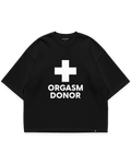 ORGASM DONOR TEE siyah oversize tshirt, beyaz artı sembolü ve yazı grafik baskılı streetwear tasarım #siyah