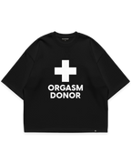 ORGASM DONOR TEE siyah oversize tshirt, beyaz artı sembolü ve yazı grafik baskılı streetwear tasarım #siyah