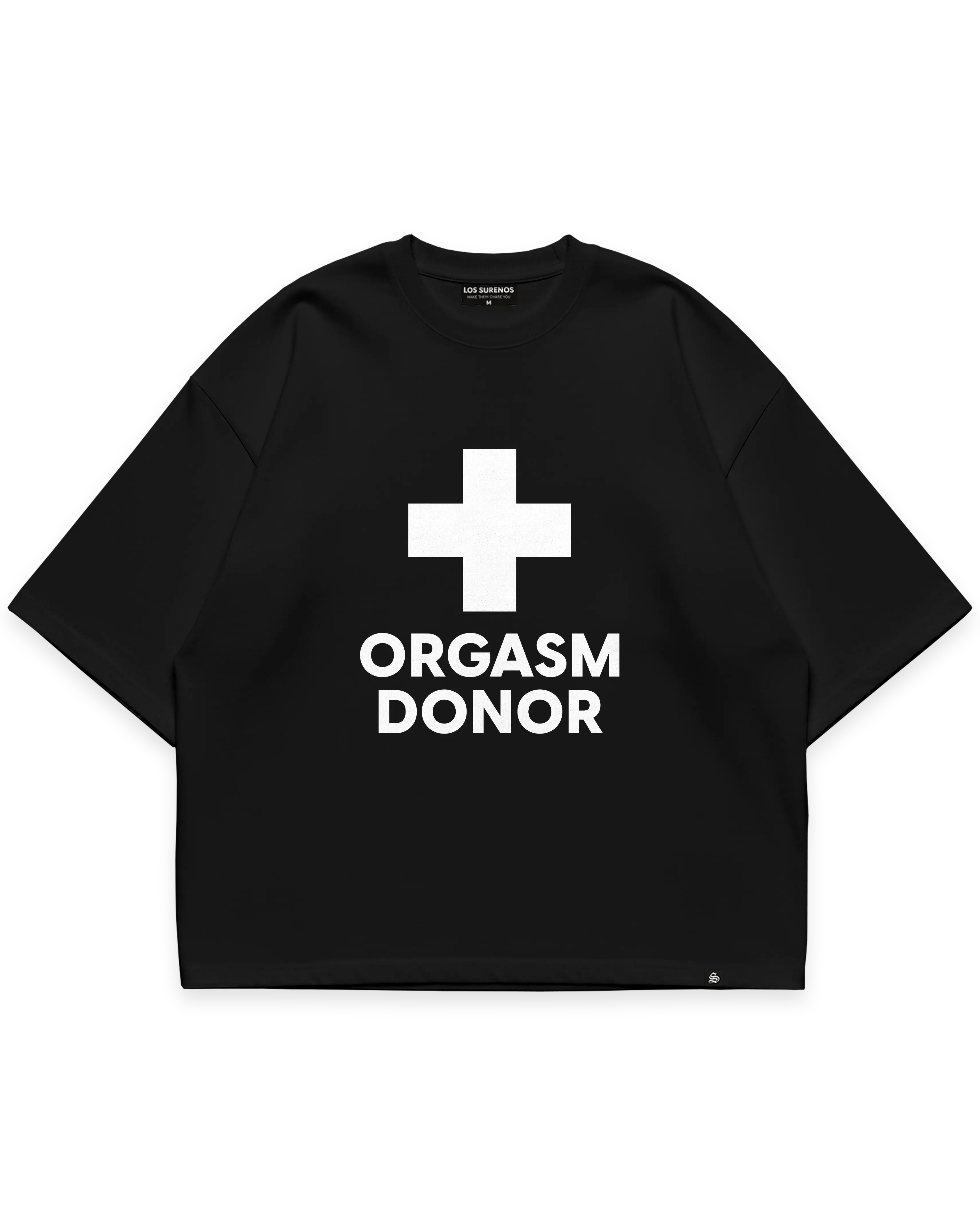 ORGASM DONOR TEE siyah oversize tshirt, beyaz artı sembolü ve yazı grafik baskılı streetwear tasarım #siyah